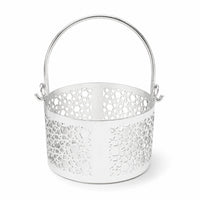 Mosaic Lantern is a silver lantern with a short pierced drum and a tall arched swing handle, its wall alternating mosaic cutwork with plain panels - white background