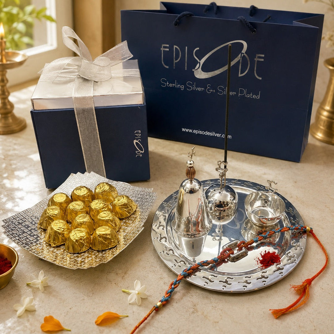 Rakhi Gift Set 3 - Future Platter, Pooja Thali Rudraksh Set and Petite Rakhi with chocolates