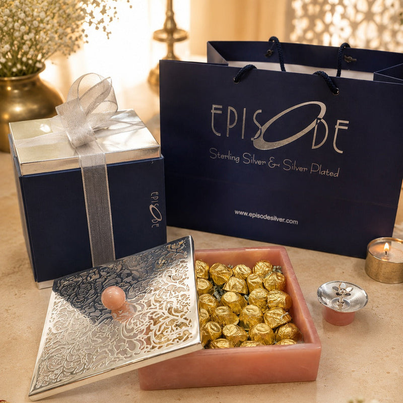 Rakhi Gift Set 5 - Tree of Life Box Pink and Roselight Diya with chocolates in an Episode gift box