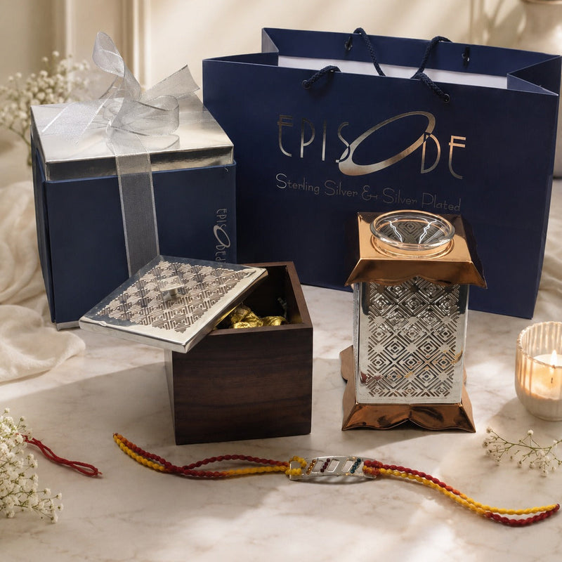 Rakhi Gift Set 2 - Signature Box, Signature Oil Burner and Mauli Rakhi with chocolates in an Episode gift box