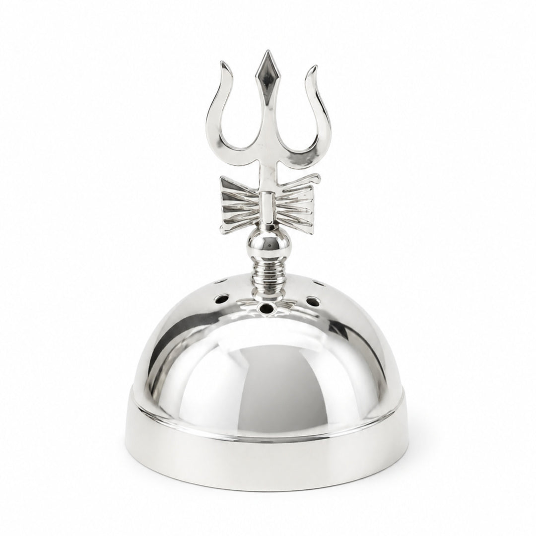Trishul Incense Holder is a silver agarbatti stand with a polished dome and a flat cut trishul crossed by a damaru at its centre - white background