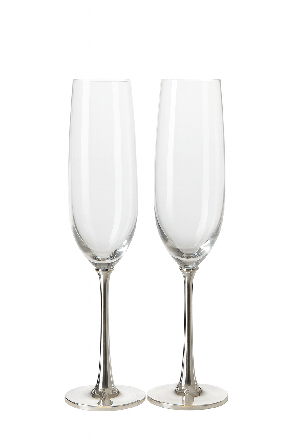 Luxe Wine Glass (Set of 2) pairs two silver wine glasses shaped like champagne flutes - white background