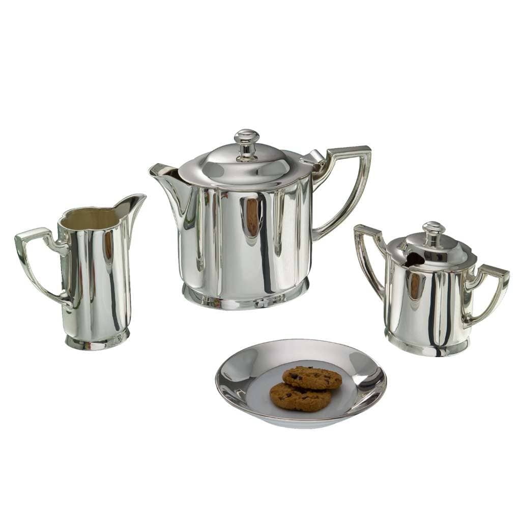 Tea Set Oval brings a classic fluted, rounded silver teapot, a matching creamer, and a lidded sugar bowl - white background
