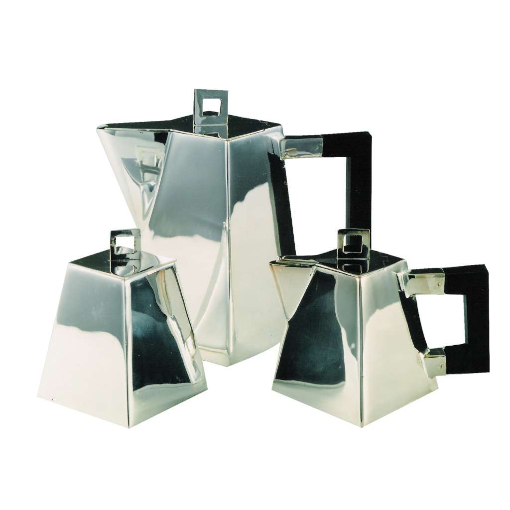 Tea Set Chimney flares outward toward its base, its silver teapot, creamer, and sugar bowl taking the shape of a faceted pyramid - white background