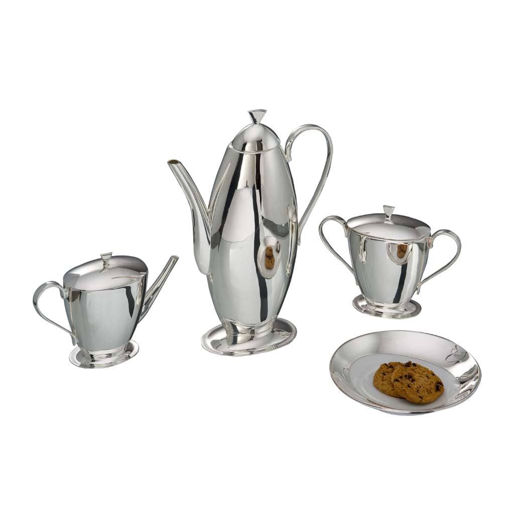 Tea Set Oval Penguin carries a slender, tapered ovoid silver teapot, creamer, and sugar bowl, each - white background