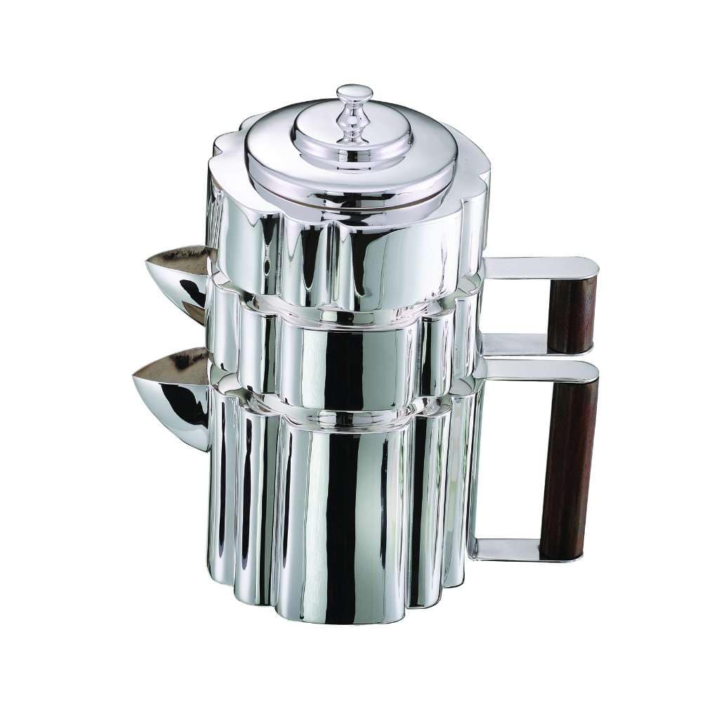 Nested Tea Set stacks two fluted silver teapots with dark wood handles beneath a single domed lid - white background