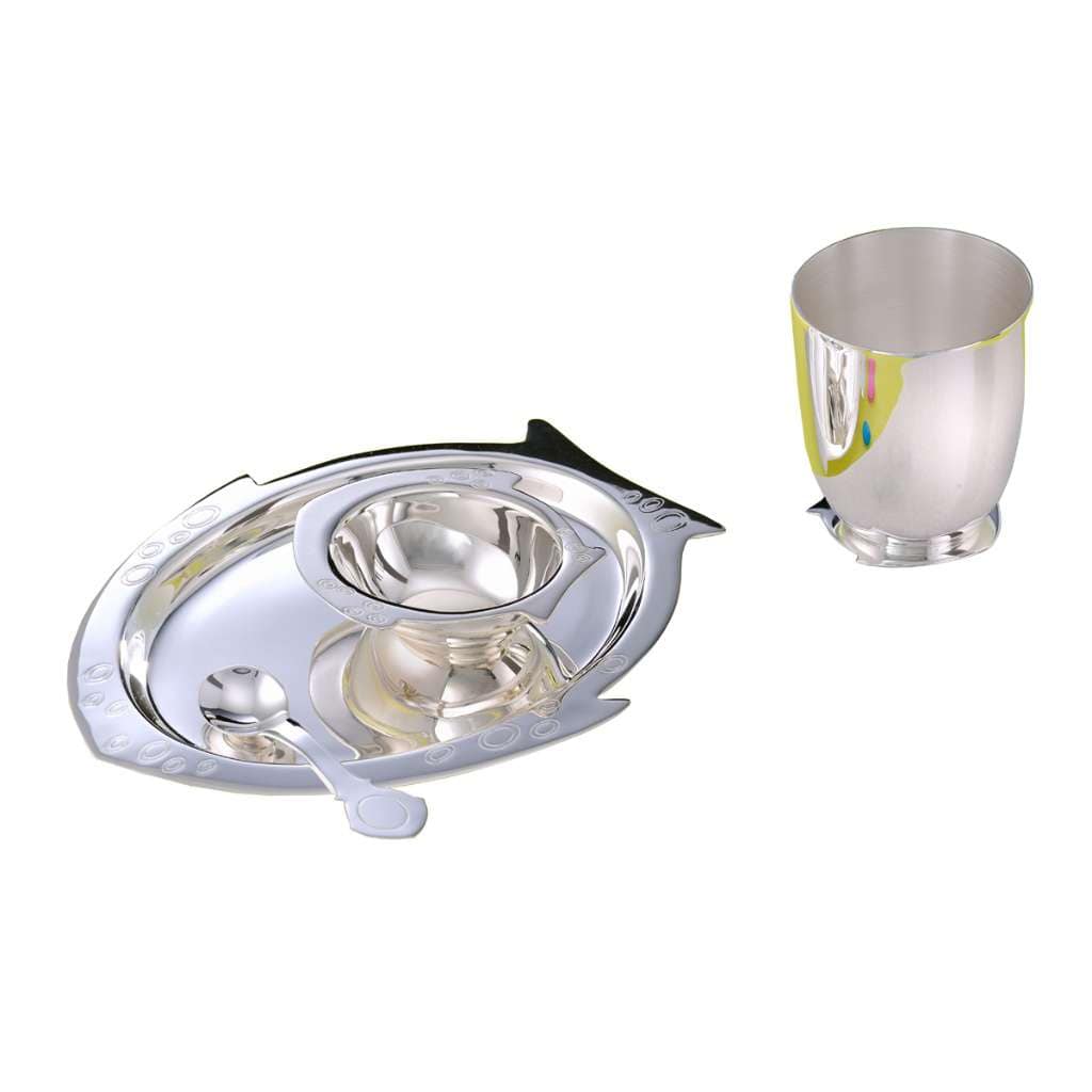 Baby Gift Fish Set cradles a small bowl and a spoon with a fish-tail handle in a fish-shaped silver dish