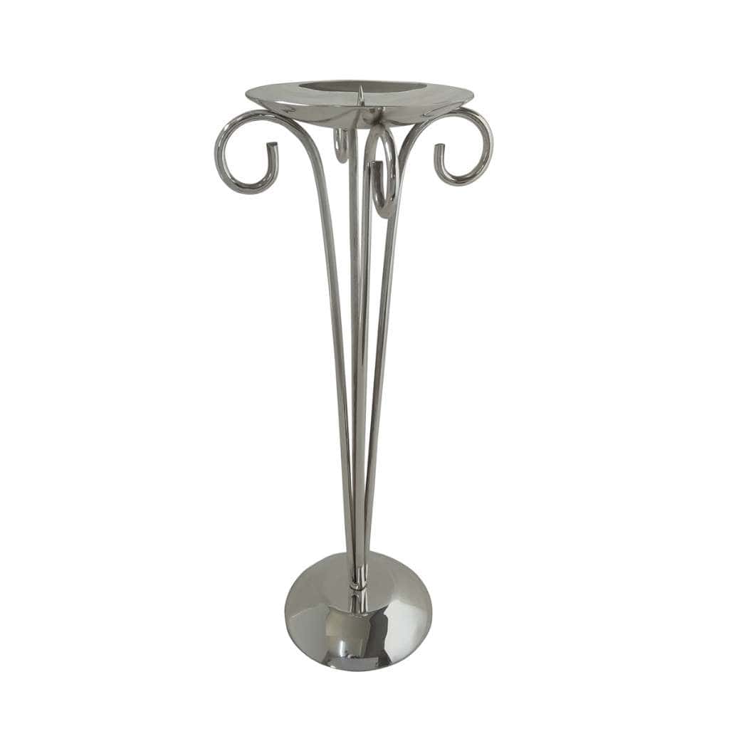 Candle Stand Twirl rises from a round base into three curling scrollwork legs that meet at a wide trumpet-shaped bowl - white background
