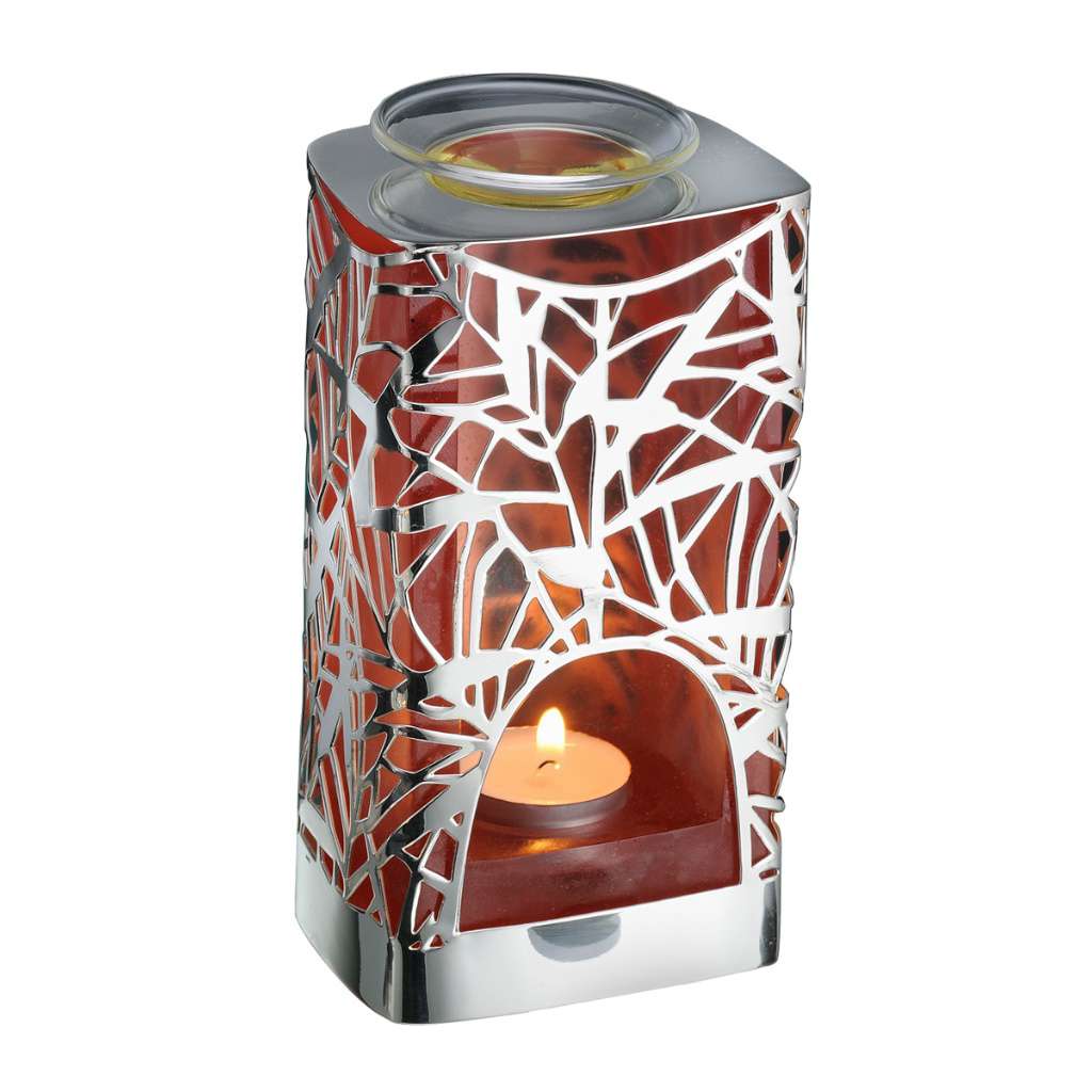 Oil Burner Trance cuts a fine, fractured branch pattern through the tall rectangular column of this silver oil burner - white background
