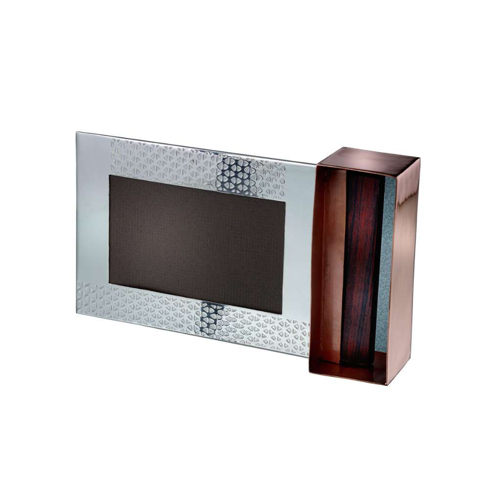 Photo Frame Stalwart is a silver frame circled with a fine triangle-textured band around a mirror-bright surface - white background