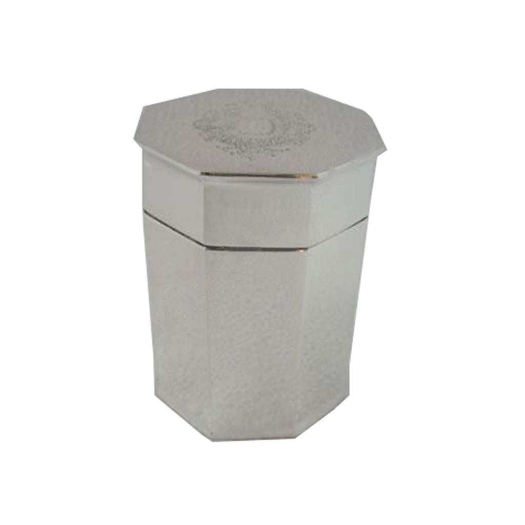 Utility Box Hexagonal presses a fine hammered texture all over this tall, multi-faceted silver box - white background