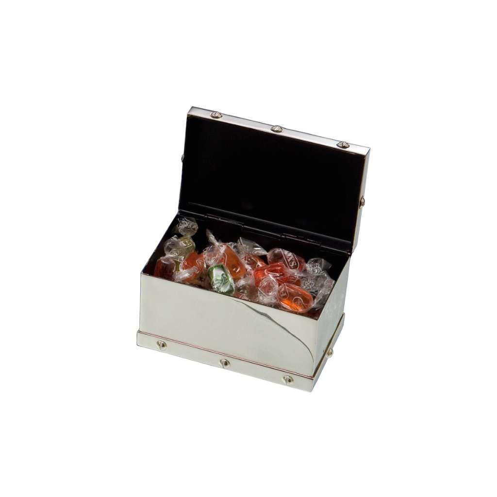Jewelry Box Bolt traces polished rivet trim along the base and lid seam of this silver box, styled like - white background