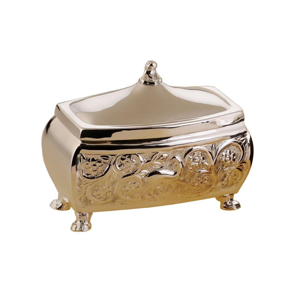 Box Regal is a footed, rectangular silver box built like a jewel casket, its body densely embossed with a floral and scrollwork pattern - white background