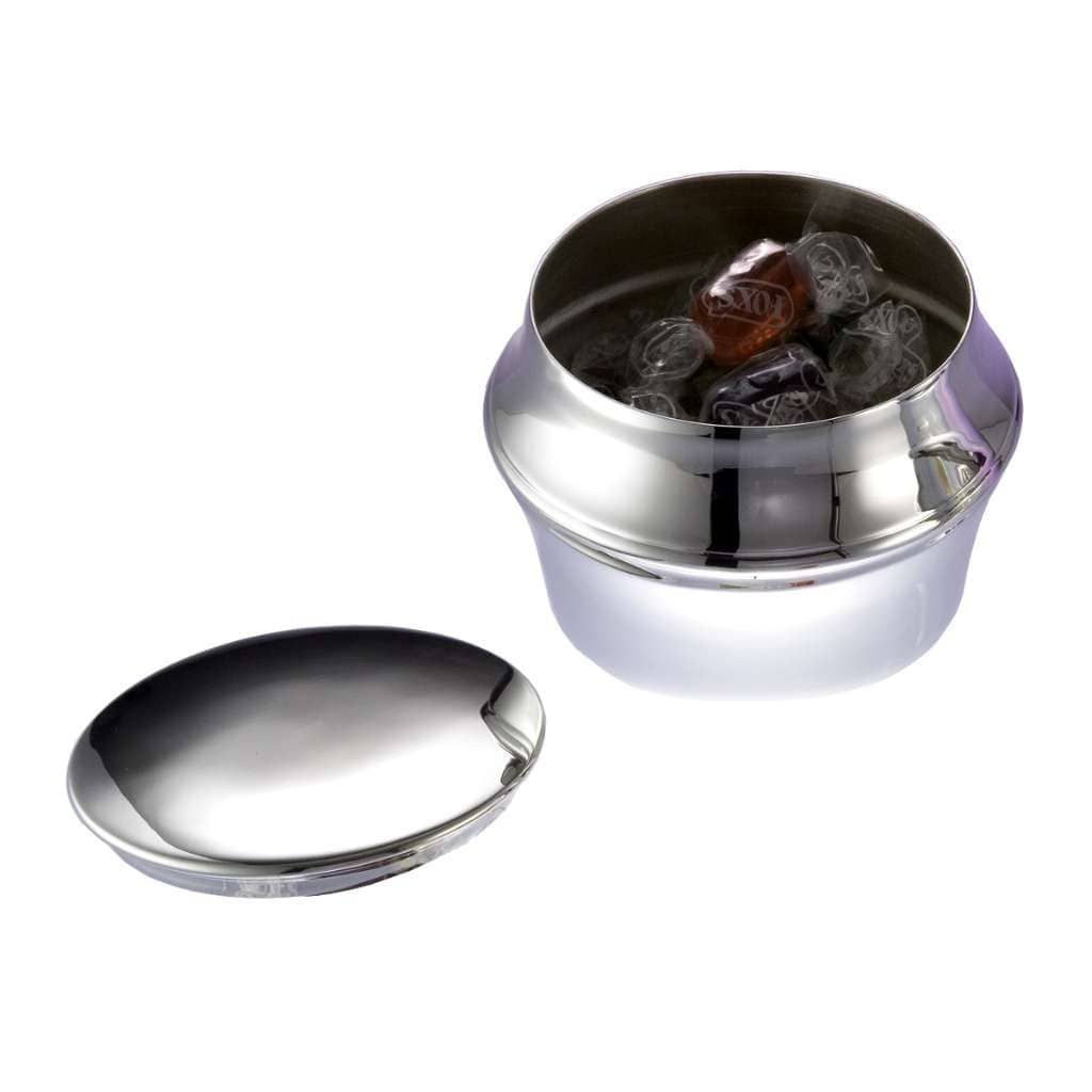 Box Bamboo Short is a silver box shaped into a squat, rounded jar with a smooth domed lid that lifts off in one piece - white background