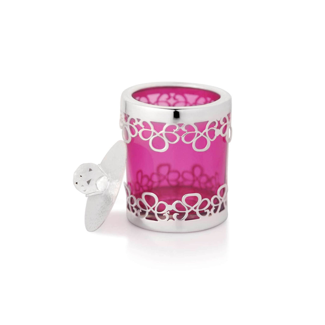 Box Trinket Twirl is a small cylindrical silver box wrapping a band of fine scrollwork filigree around a jewel-toned pink glass jar - white background