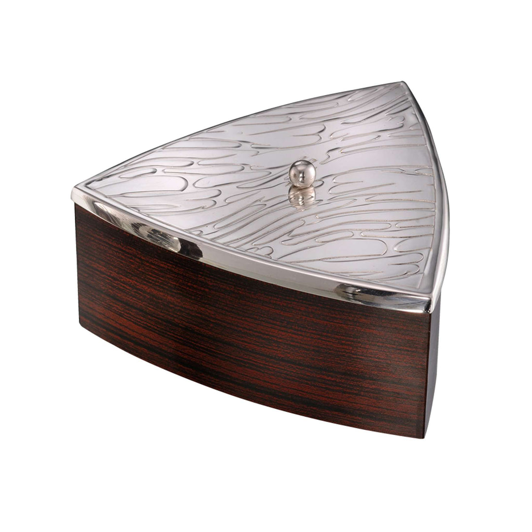Box Green Tea Emblaze shapes into a rounded-triangle silver box - white background