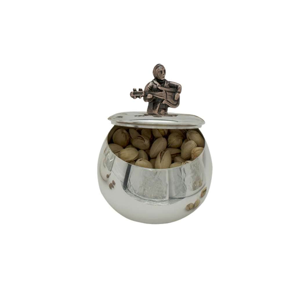 Box Jazz Guitar is a silver box with a copper-toned guitarist strumming atop it - white background