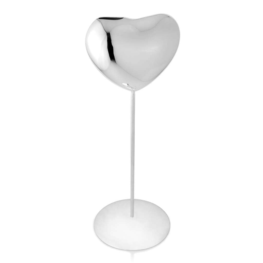 Flower Vase Heart With Base is a silver vase shaped as a glossy heart balanced on a slender stem and an oval base