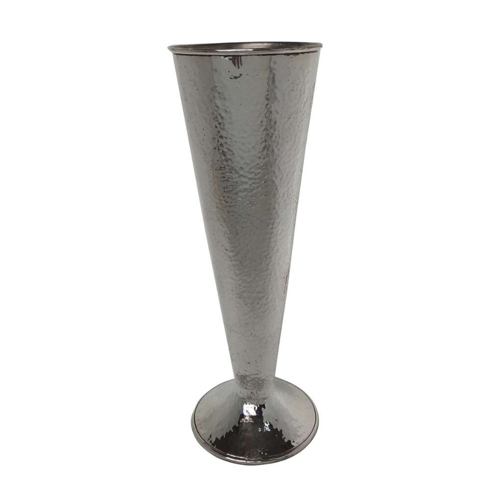 Flower Vase Hammered covers a tall, tapering trumpet-shaped silver vase in a genuine hammered texture - white background