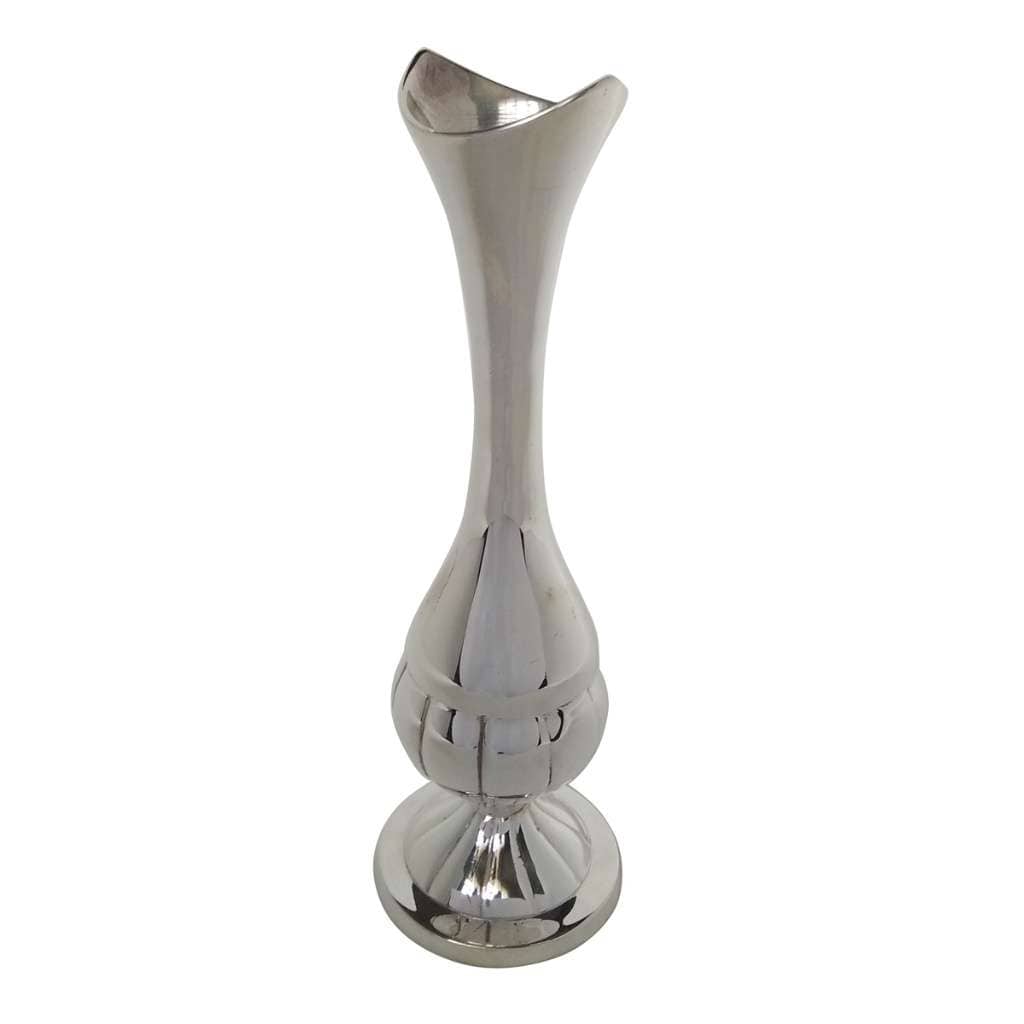 Flower Vase Arabica is a silver vase tapering from a trumpet neck down into a faceted, basketweave-look bulb set on a stepped round foot - white background