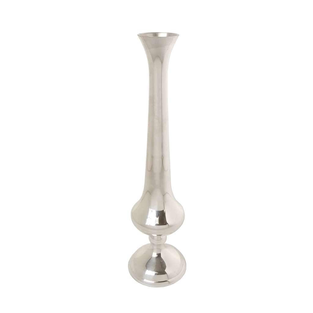 Bud Vase Rose is a tall silver vase with a trumpet-and-bulb silhouette, its flared mouth narrowing into - white background
