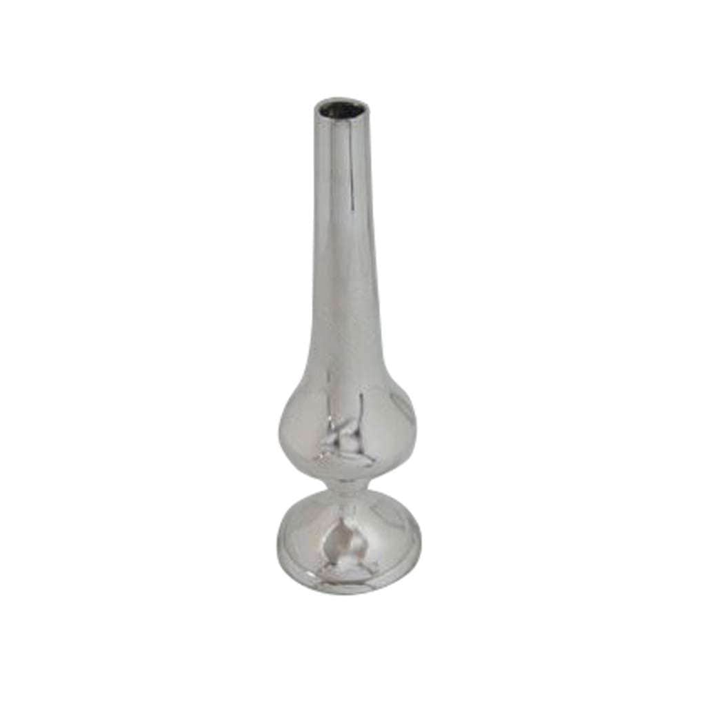 Bud Vase Mini is a silver vase with a slender trumpet neck that flares gently at the mouth, narrowing - white background