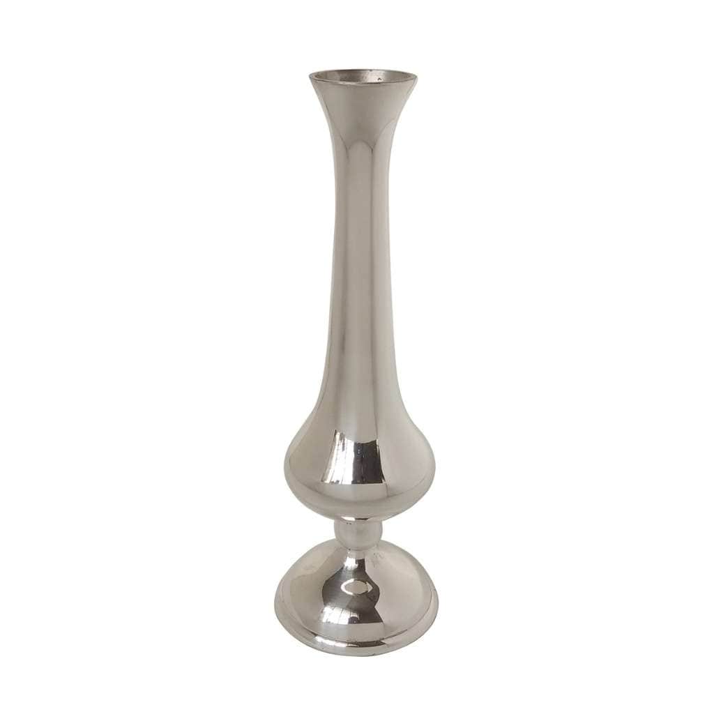 Bud Vase Pistil is a tall silver vase built around a trumpet-neck and bulb silhouette, stretched out - white background