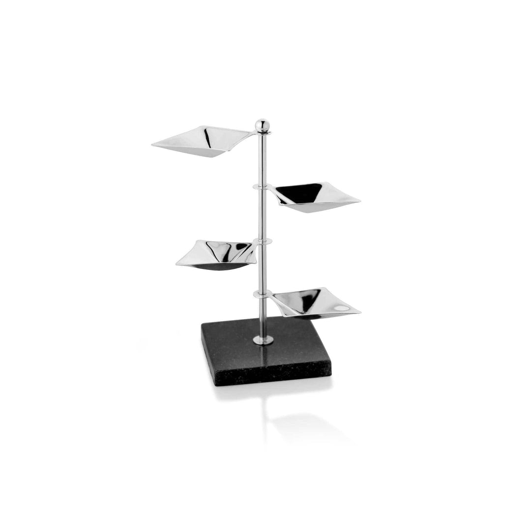 Diya Swinging 4 Lite is a silver diya that tilts four wick cups gently on a slender pole - white background