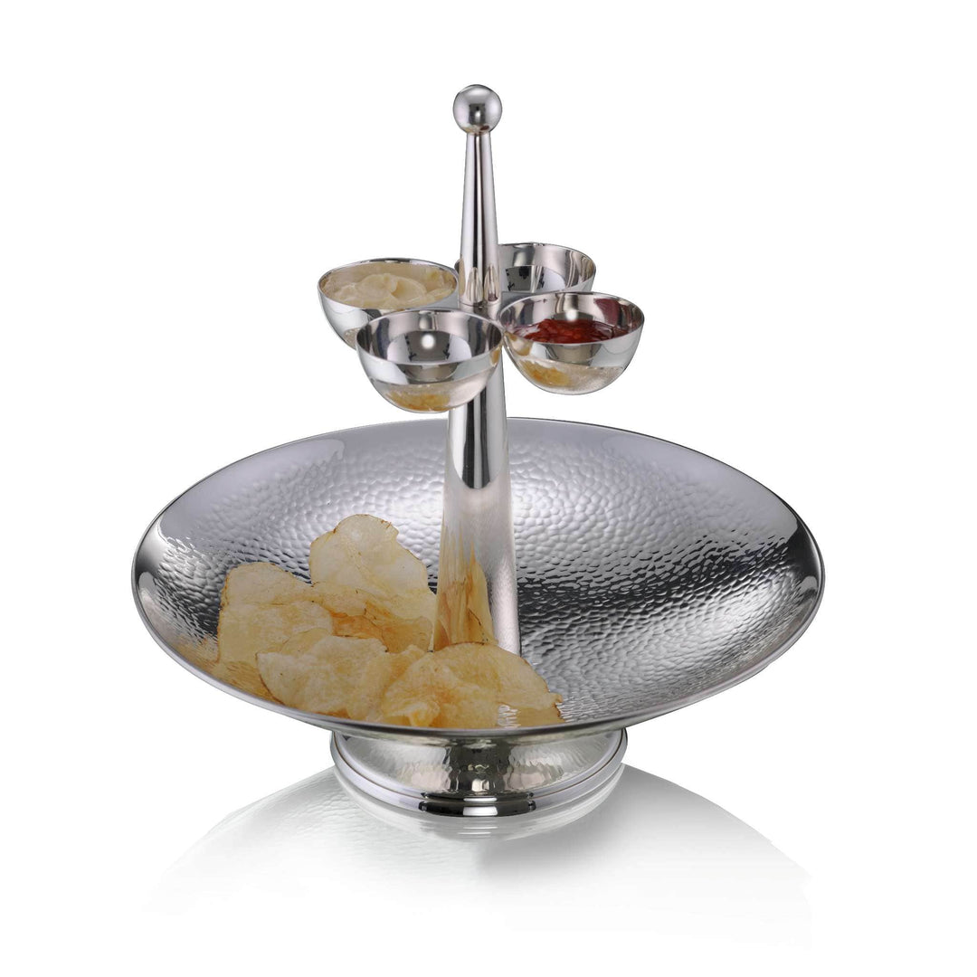 Bowl Chip And Dip Tower holds snacks in a wide hammered silver bowl at the base, while four small cups branch out above on a central pole - white background