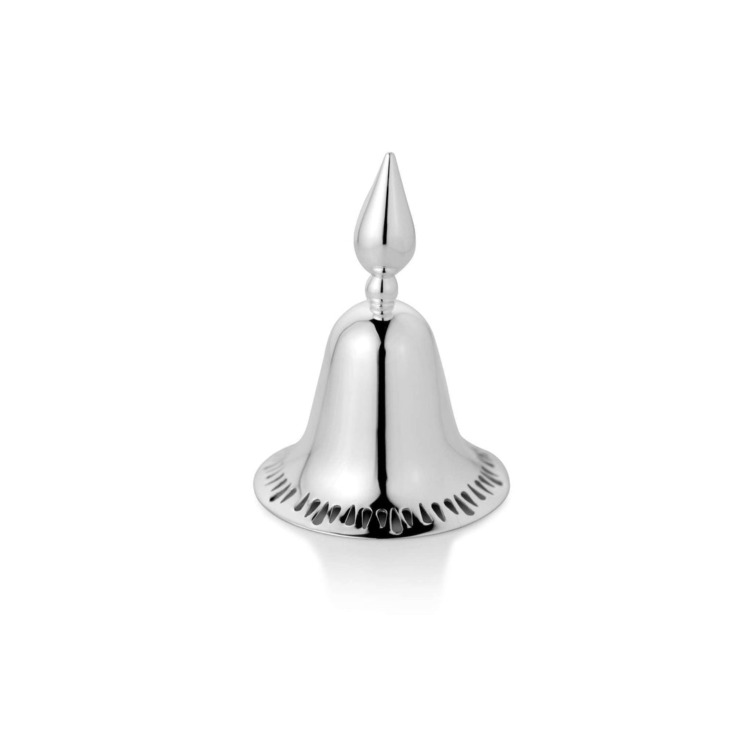 Bell Divine lines the lower edge of a plain, gently flared silver bell with a row of narrow teardrop piercings inspired by temple architecture - white background