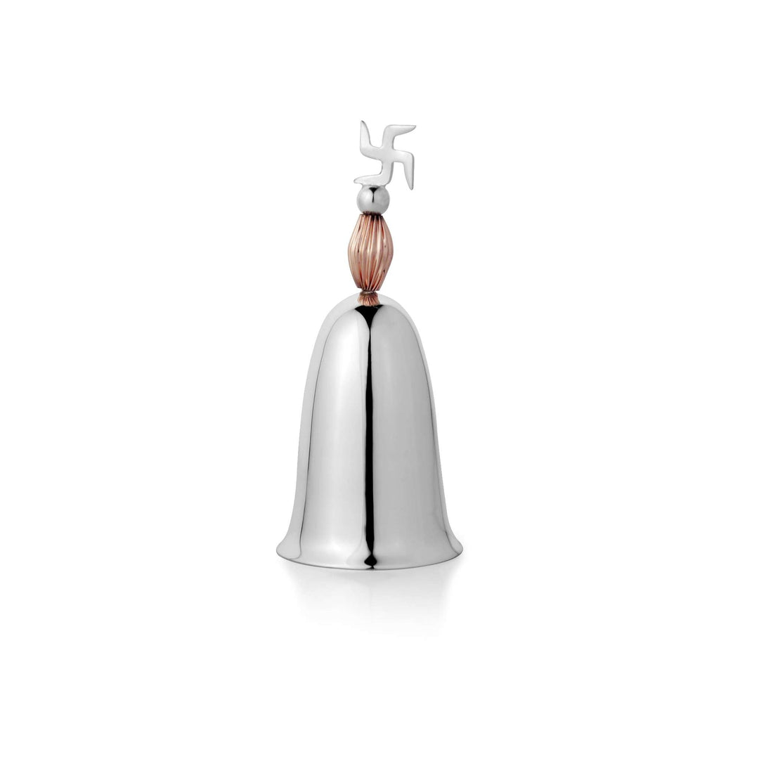 Bell Swastik is a silver bell that tapers into a rounded, drop-shaped body, topped with a swastik finial, brass forming the bell - white background