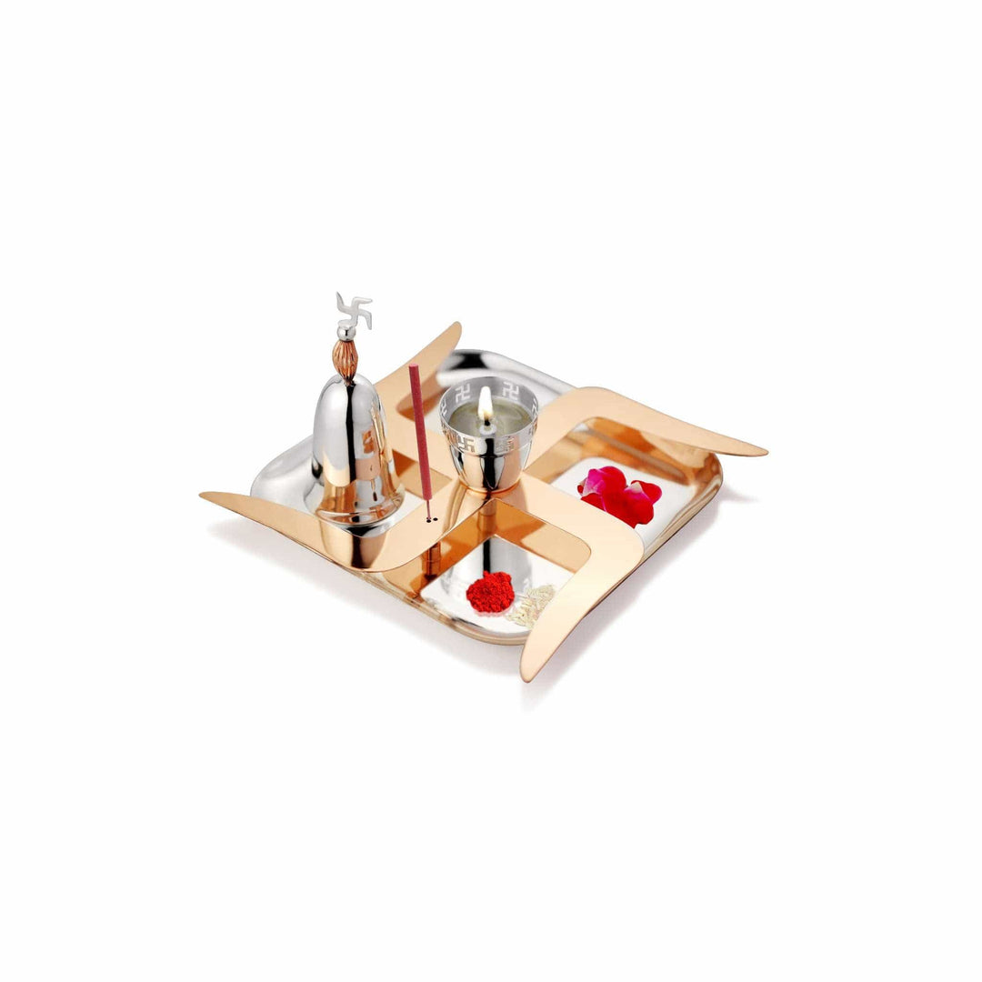Pooja Thali Copper Swastik carries a pinwheel-shaped silver tray - white background