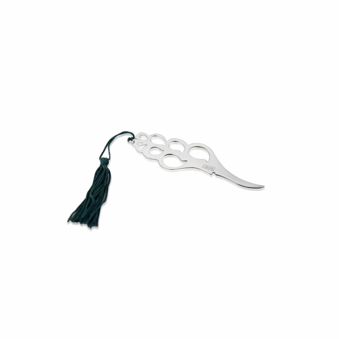 Bookmark Thinker trails teardrop and circular cutouts down this silver bookmark like a string of leaves - white background