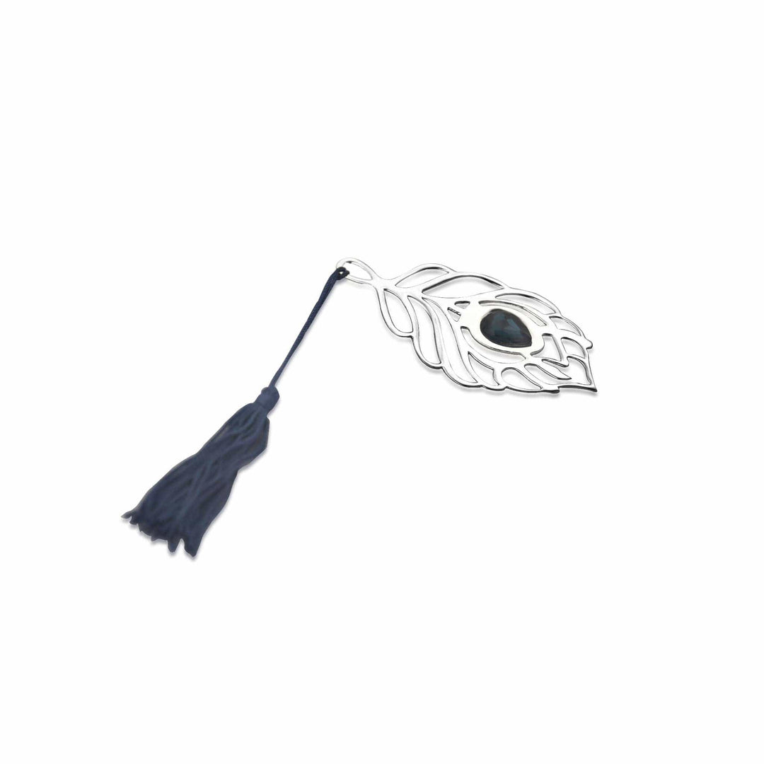Bookmark Mayuresh is a silver bookmark shaped like a peacock feather - white background