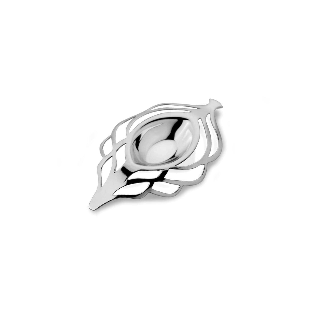 Diya Mayuresh is a silver diya with a leaf-shaped pierced silhouette framing a raised central oil cup and a pointed wick rest - white background