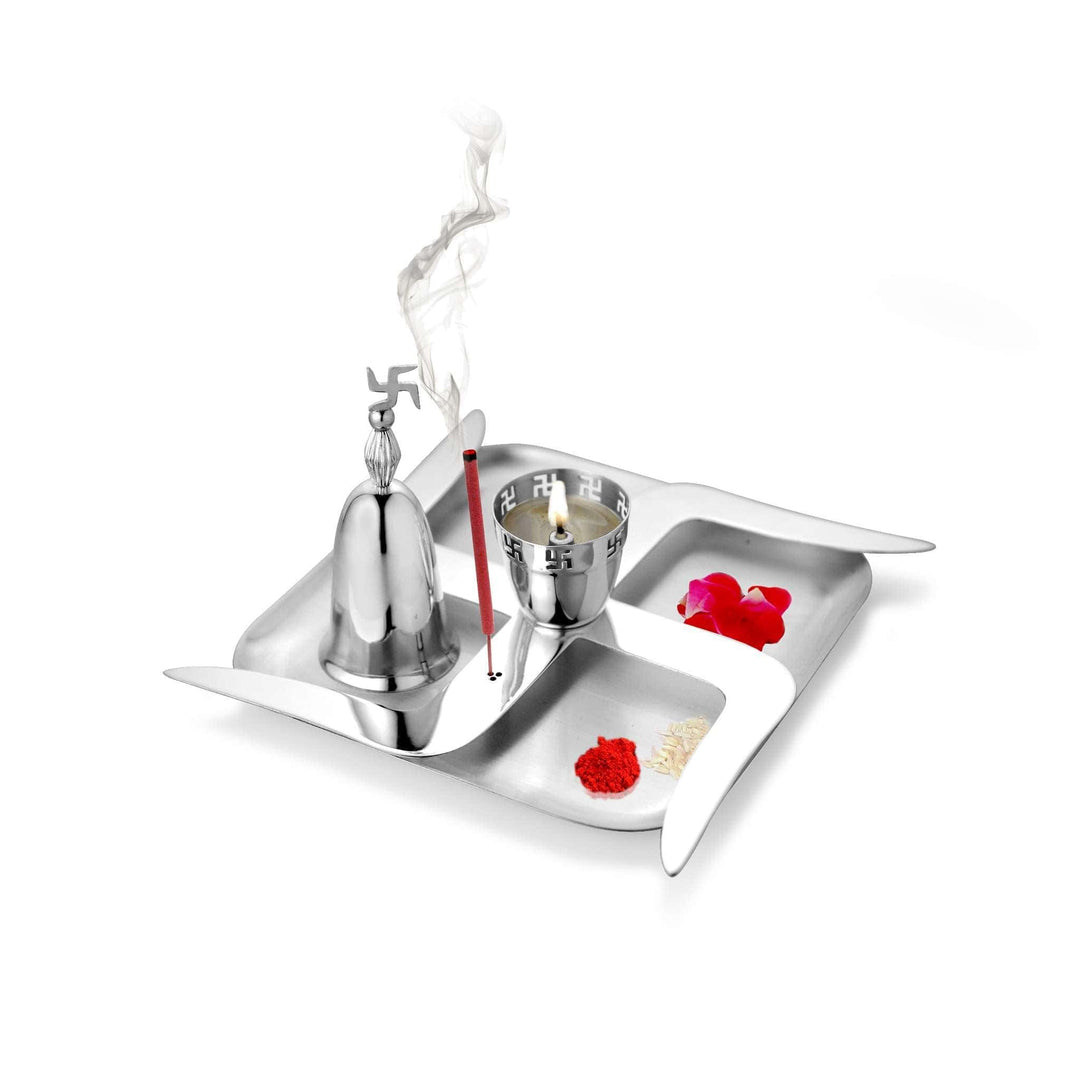 Pooja Thali Swastik takes a pinwheel-shaped silver tray - white background