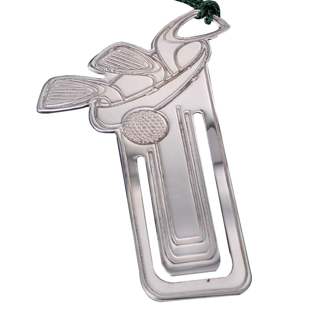 Bookmark Golf crosses two golf clubs above a textured golf ball on this silver bookmark - white background