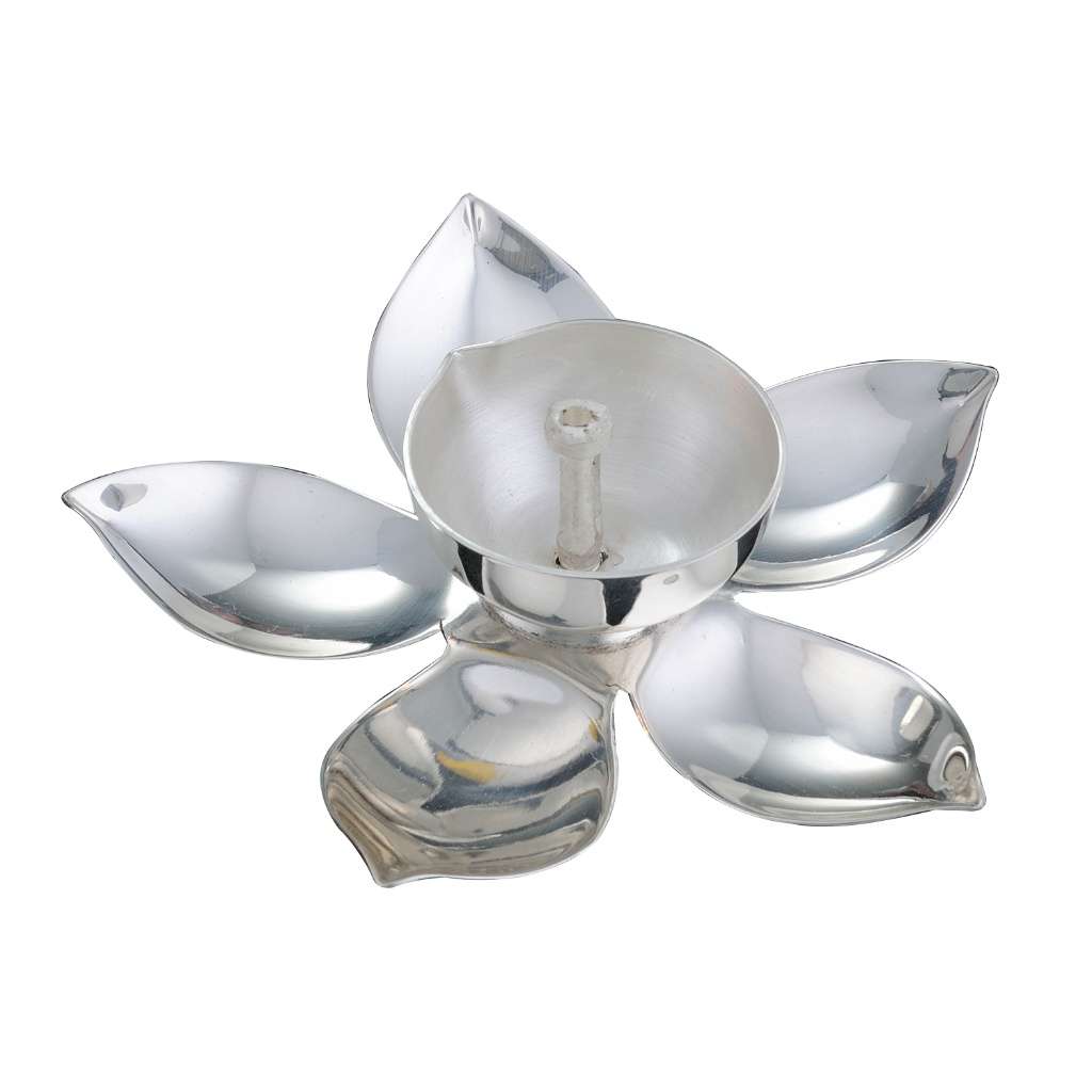 Diya Rajat Pushp is a silver diya modelled as an open lotus, five rounded petals fanning out around a raised central cup fitted for a candle - white background