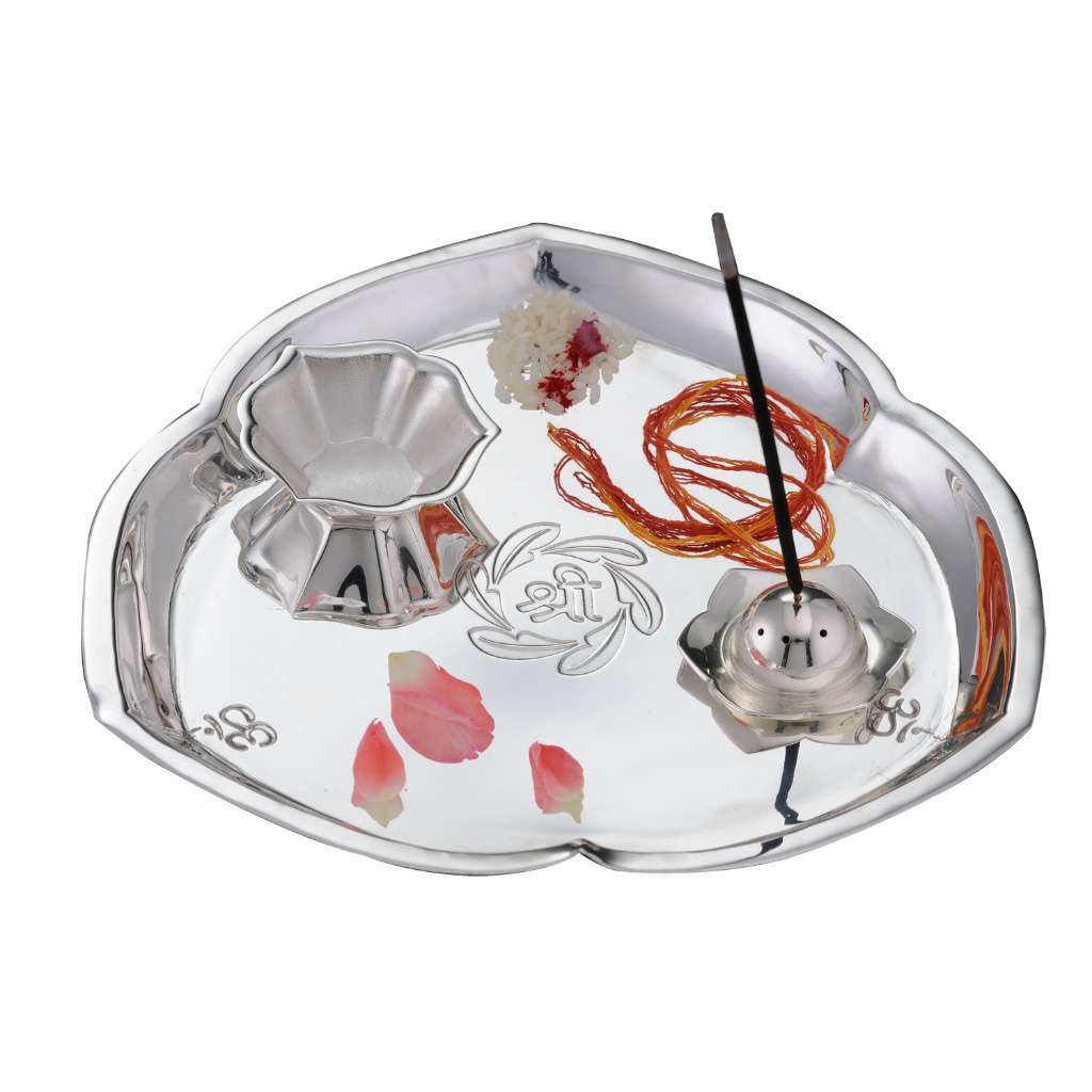 Pooja Thali Shree engraves the Sanskrit word Shree at the centre of a rounded-triangle silver tray - white background