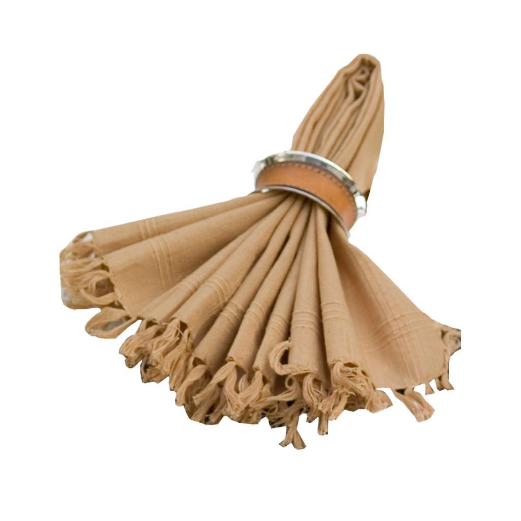 Napkin Ring With Leather inlays a tan leather band across the centre of a rounded, oval-leaning silver - white background