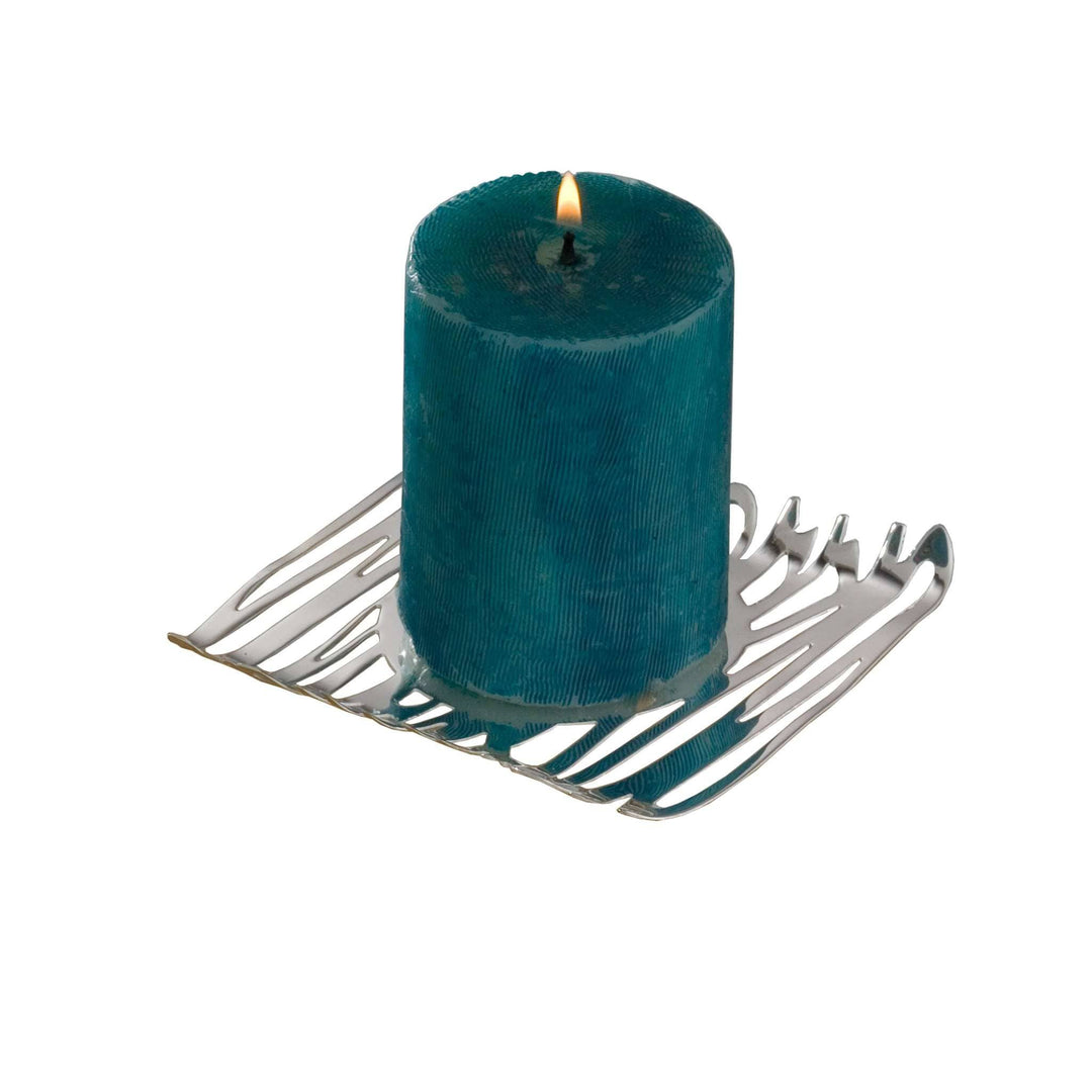 Candle Stand Pillar Graffiti fans scratchy silver lines out from a small round candle cup at the centre of this silver candle stand&