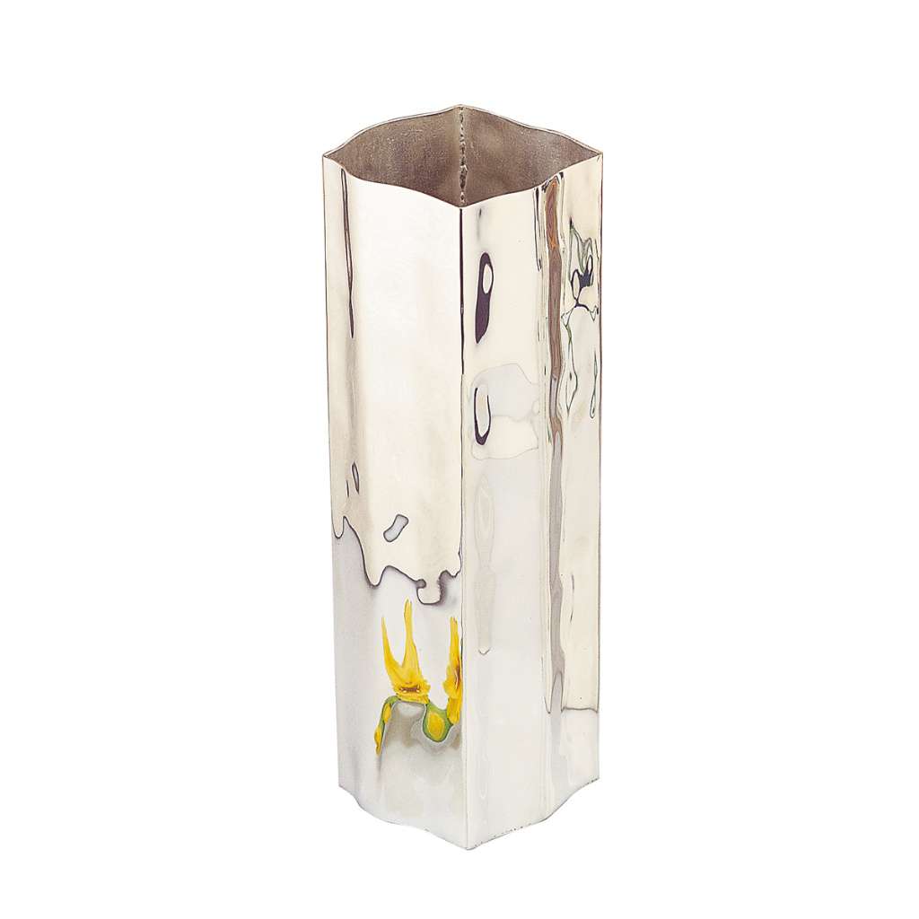 Flower Vase Organic rises as a tall, square-column silver vase, its softly scalloped, uneven rim giving the top edge an organic feel - white background