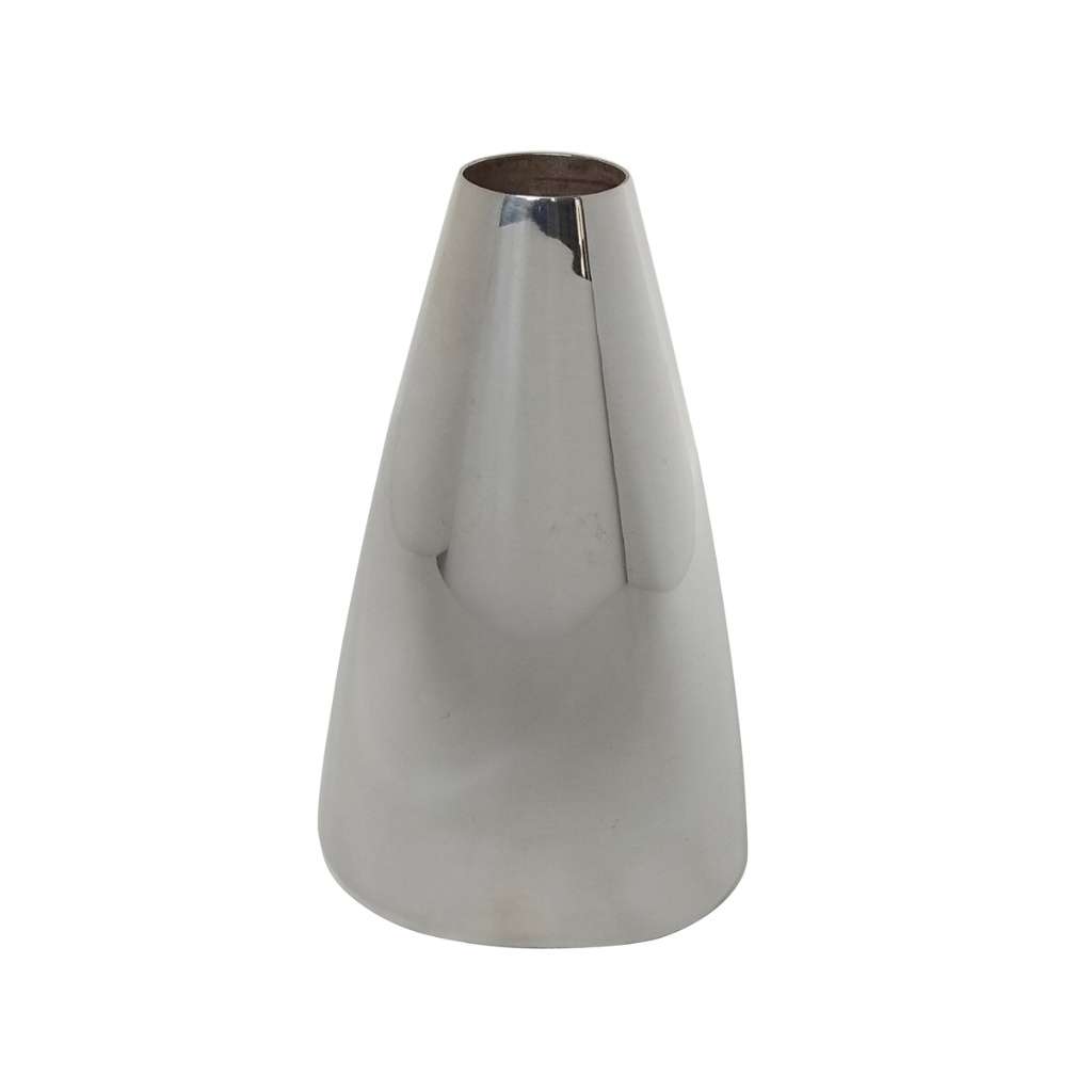 Flower Vase Pyramid narrows into a compact, rounded cone-shaped silver vase, widening at the base before tapering to a small circular mouth - white background