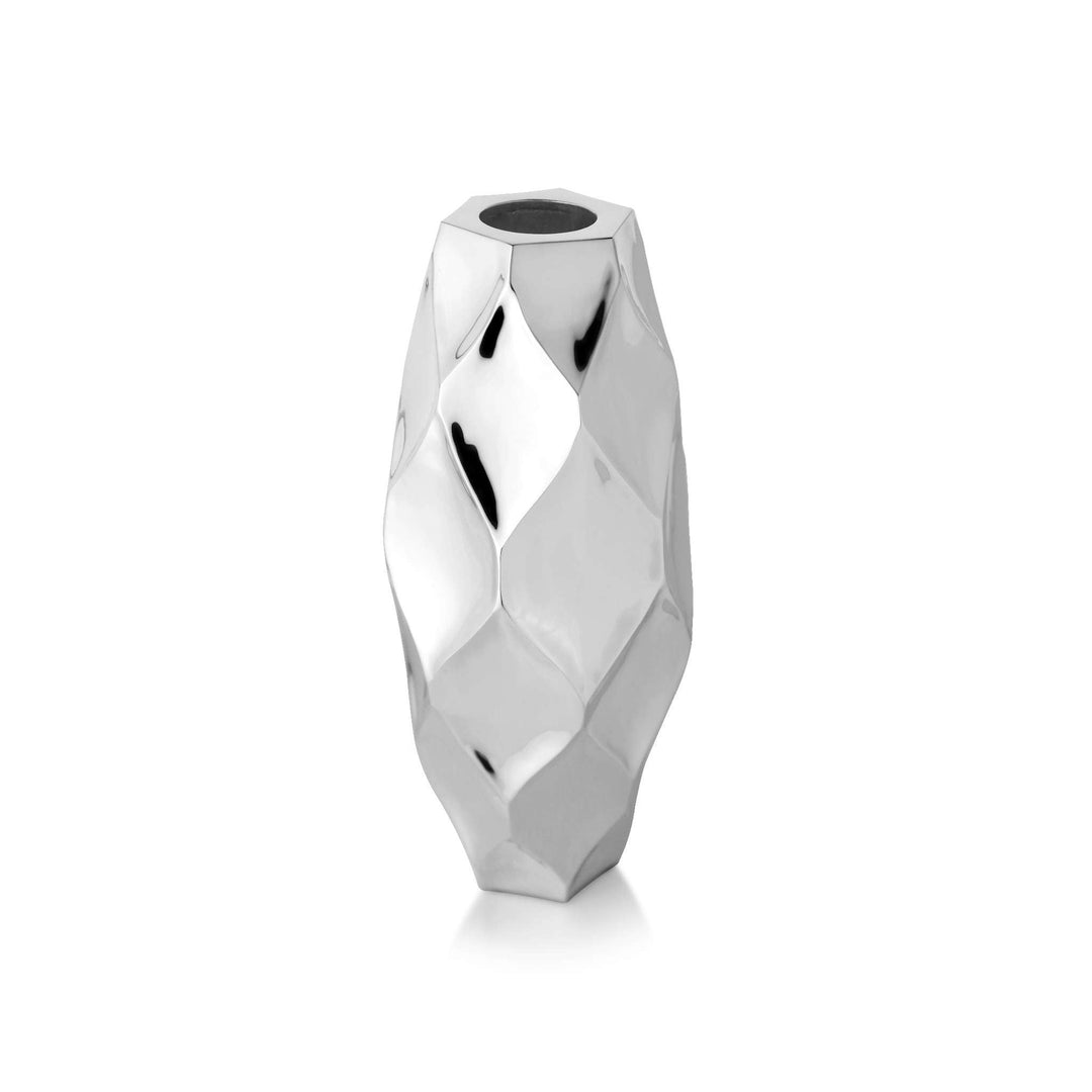 Flower Vase Pena builds a faceted silver vase from angular diamond-cut panels that catch light from every direction - white background