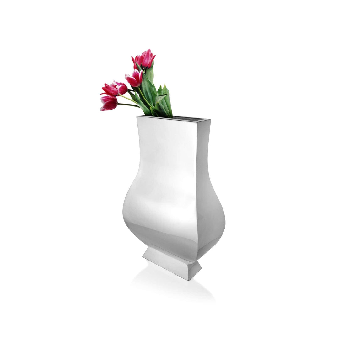 Flower Vase Pagoda rises as a tall silver vase with a sculpted waist that flares into a wide rectangular mouth - white background
