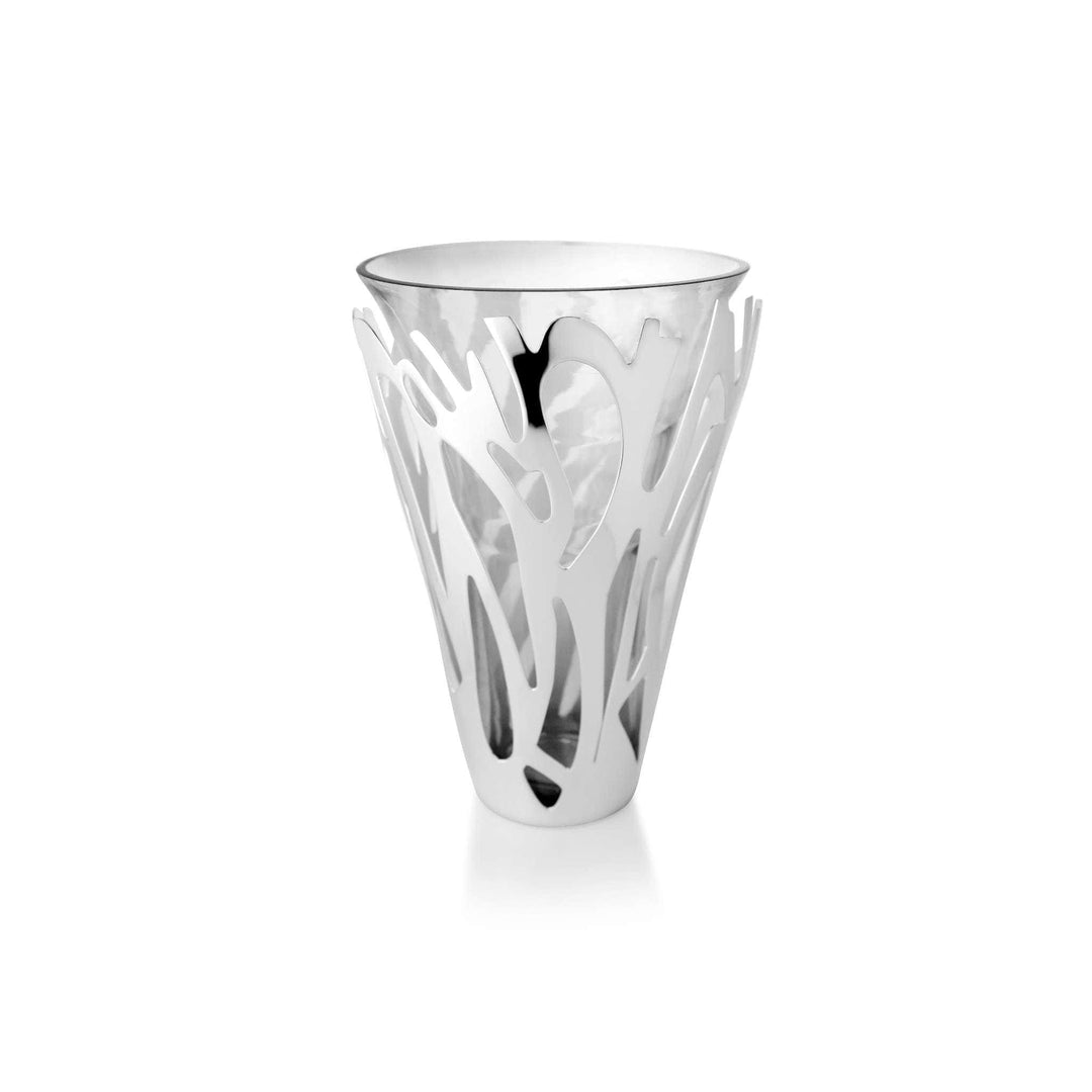 Flower Vase Graffiti wraps a bold, abstract cutwork pattern around the tall, flared silhouette of this silver flower vase - white background