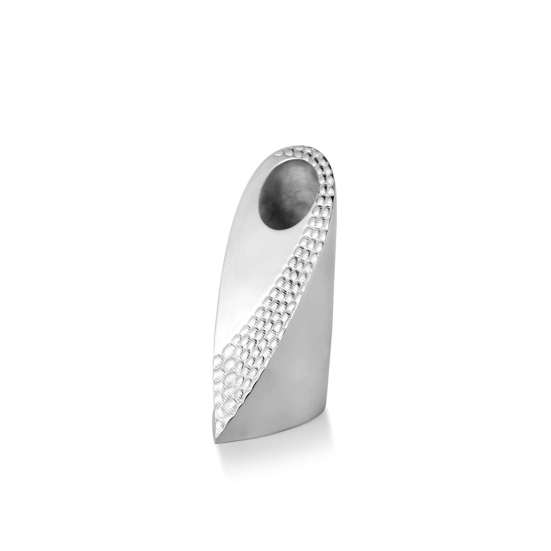 Flower Vase Drop is a silver vase in a teardrop-shaped form, its angled oval opening cut for holding a small arrangement of stems - white background