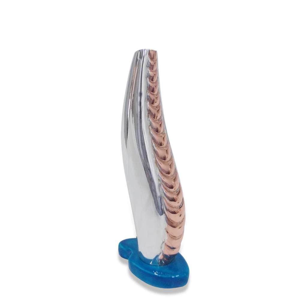 Flower Vase Bud Tide is a slender, gently curved silver bud vase, a braided rose-gold trim running along one edge like a seam of stitching - white background