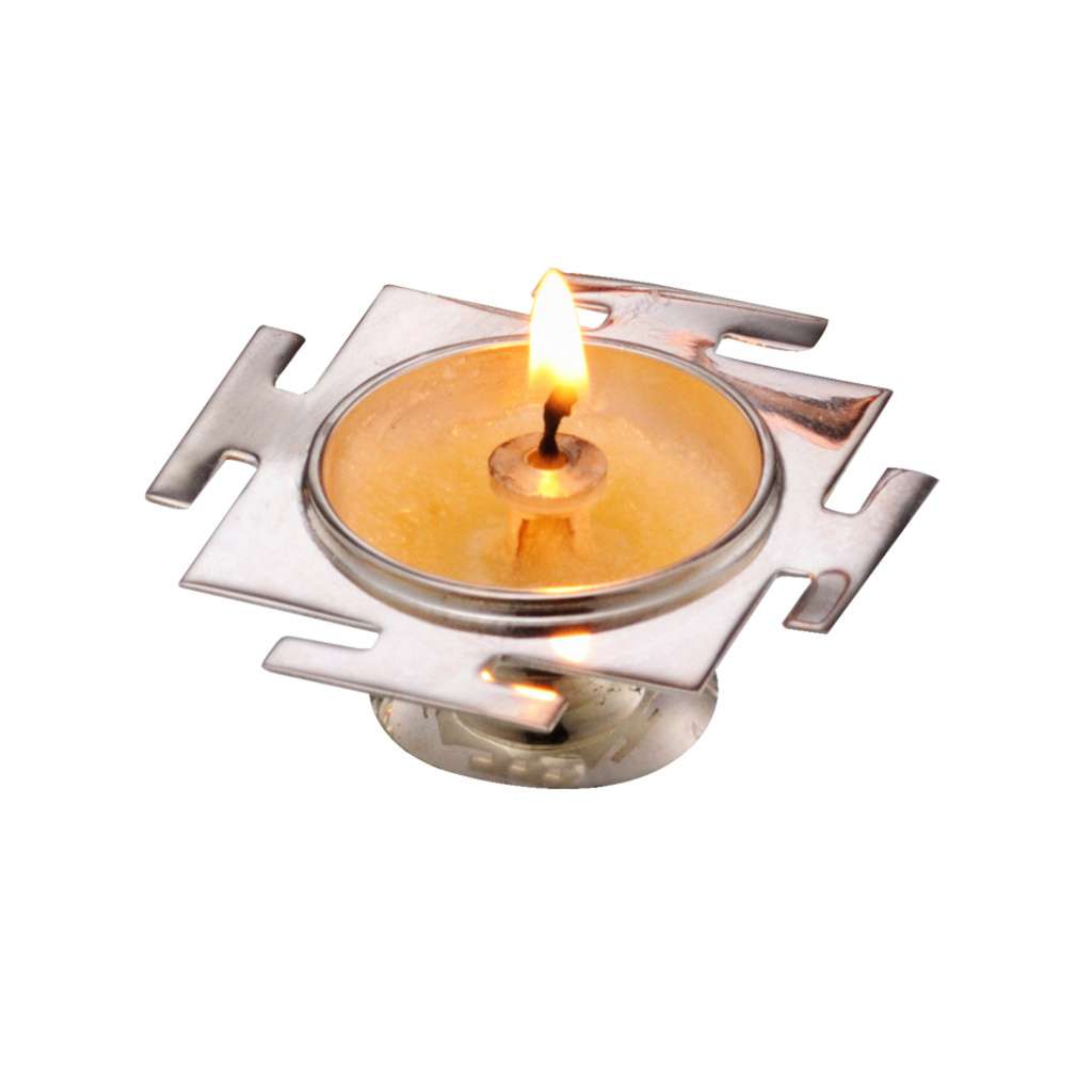Diya Shree Yantra is a silver diya that rests on a notched, geometric square base - white background
