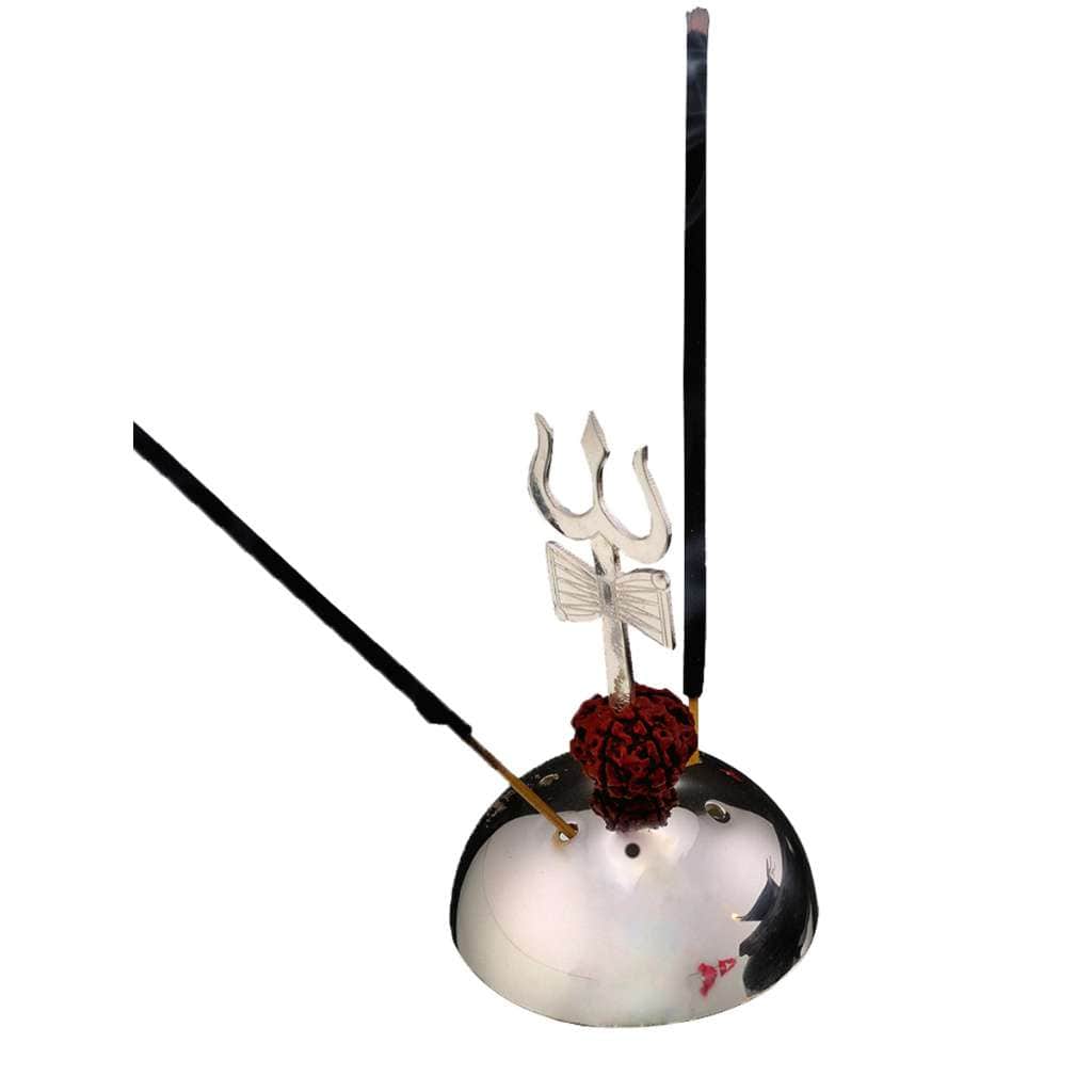Incense Holder Trishul is a silver incense holder topped with a trishul, the three-pronged weapon associated with Lord Shiva - white background